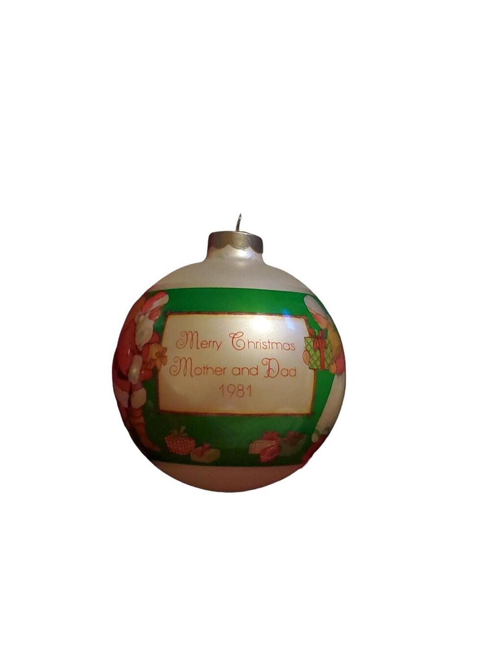 1981 Glass Gibson Merry CHRISTMAS Mother & Dad ORNAMENT Santa Mrs. Clause No Box